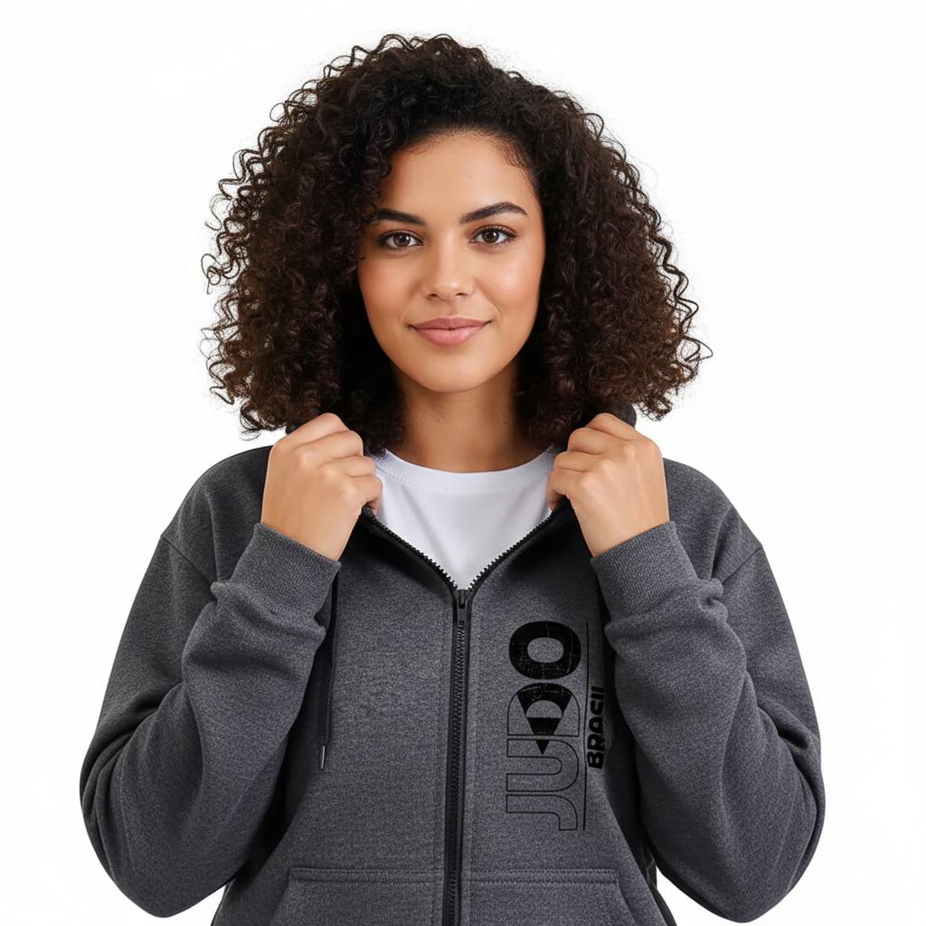 Blusa de Moletinho Com Zíper Preto e Capu...